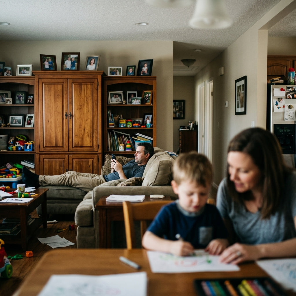 A father sitting at the kitchen table with a bowl of water and a mold, his son pulling out a chair beside him