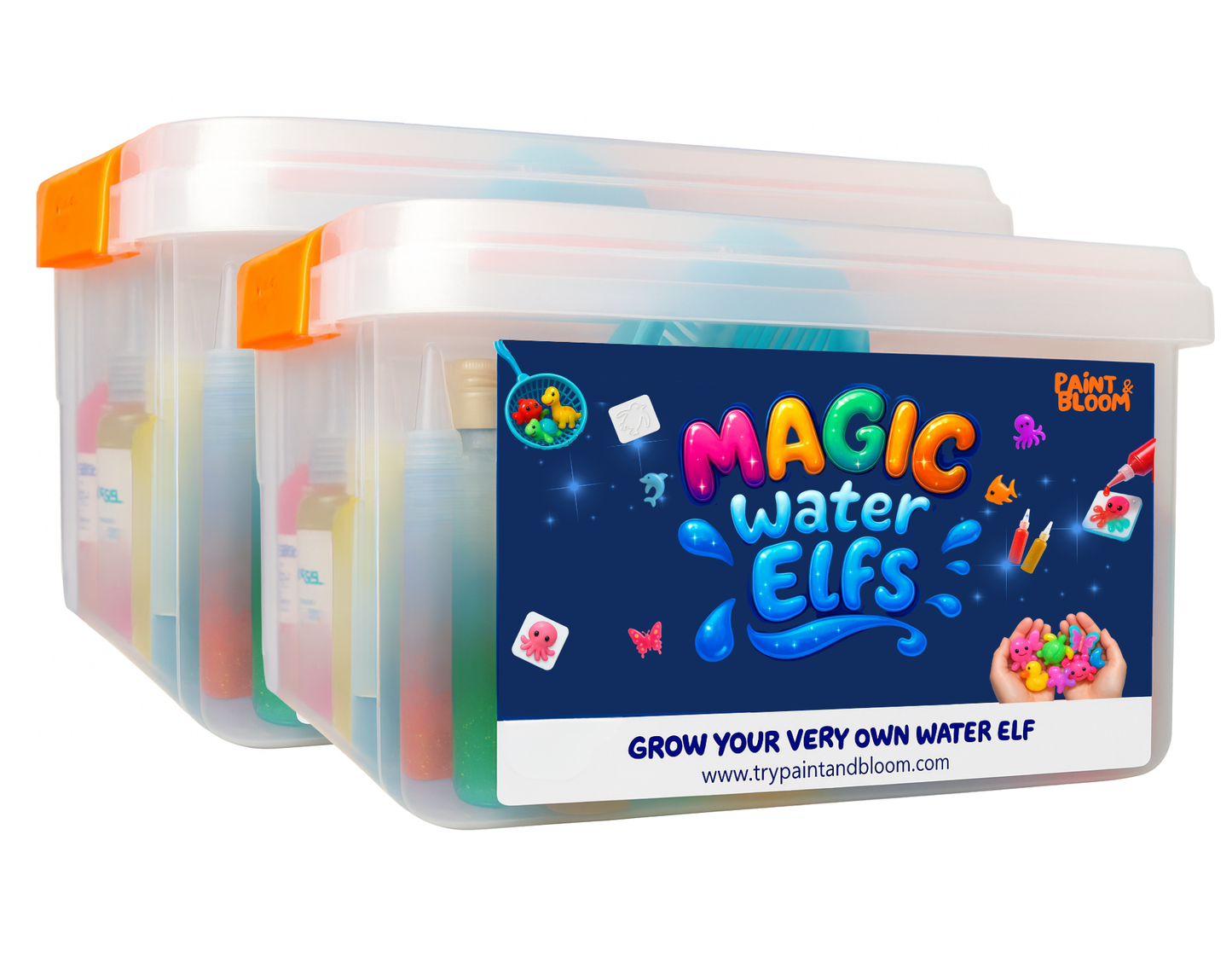 Container of Magic Water Elves with colorful packaging on a white background