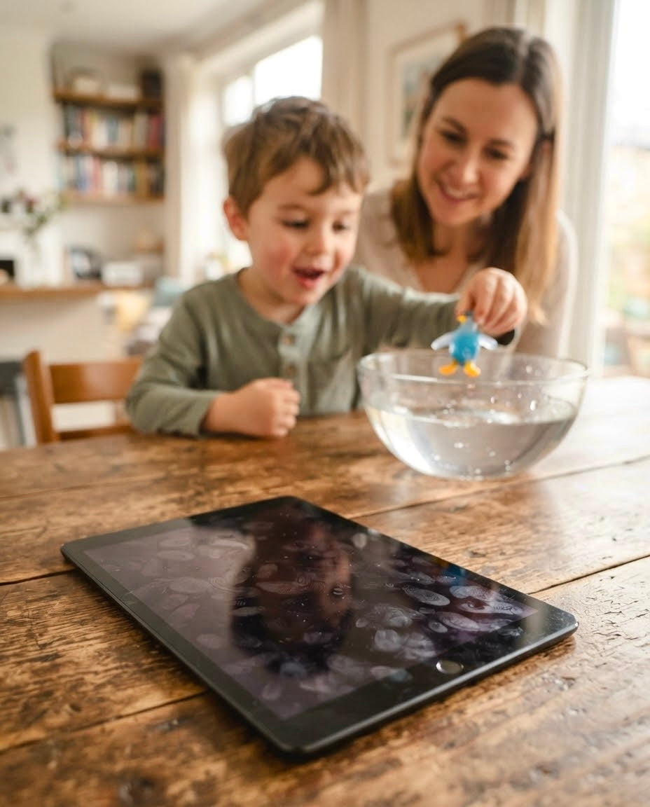 A switched-off tablet pushed aside on a kitchen table while a child works over a bowl of water
