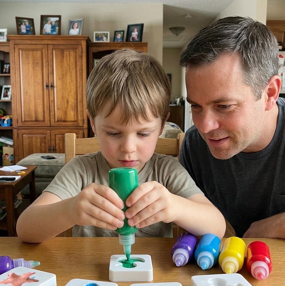 A child working steadily at a table covered in finished colorful figures