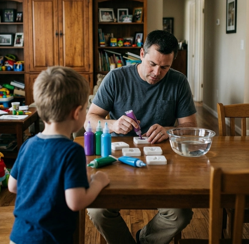 A bowl of water and molds set out on a kitchen table before anyone sits down