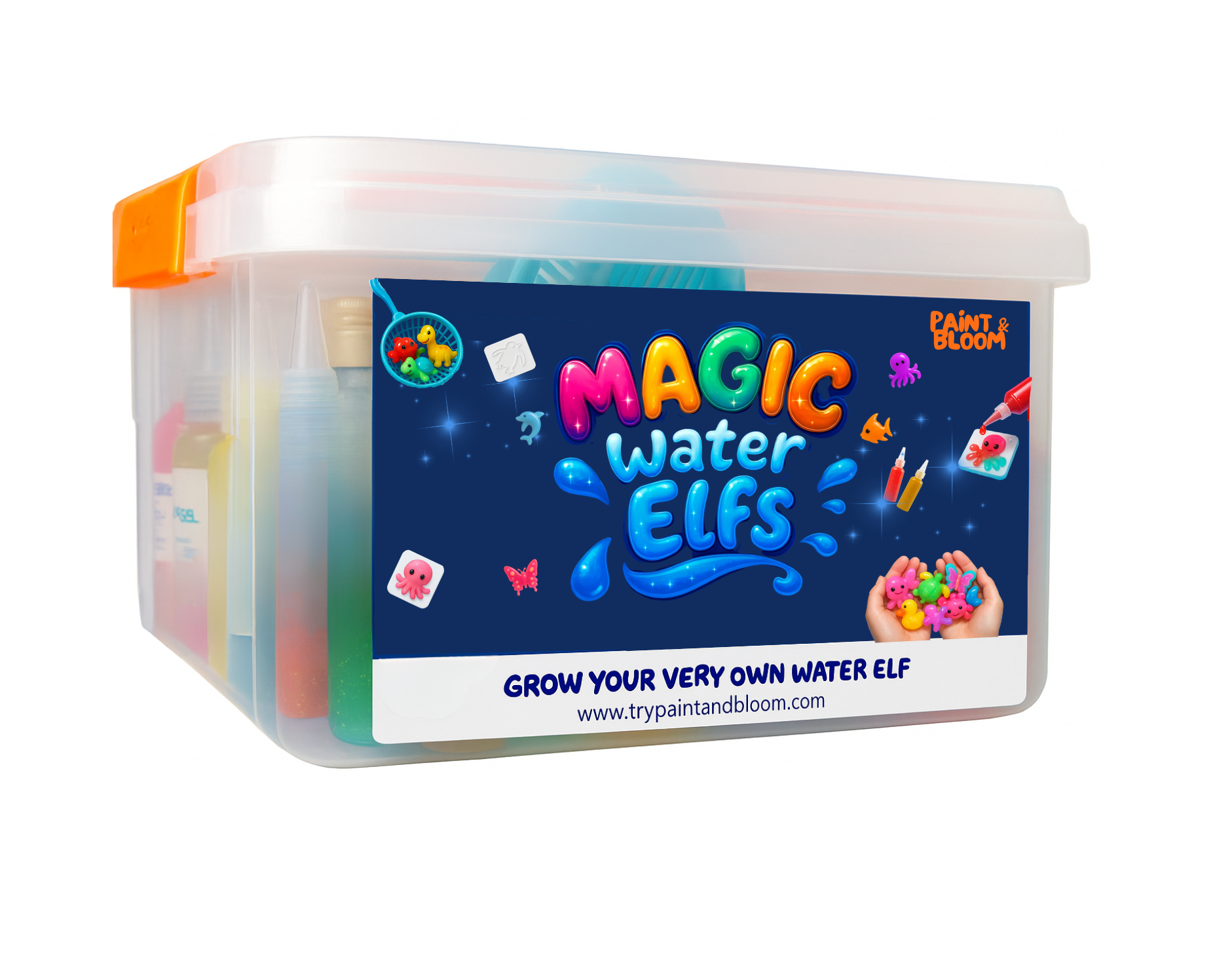 Container of Magic Water Elves with colorful packaging on a white background