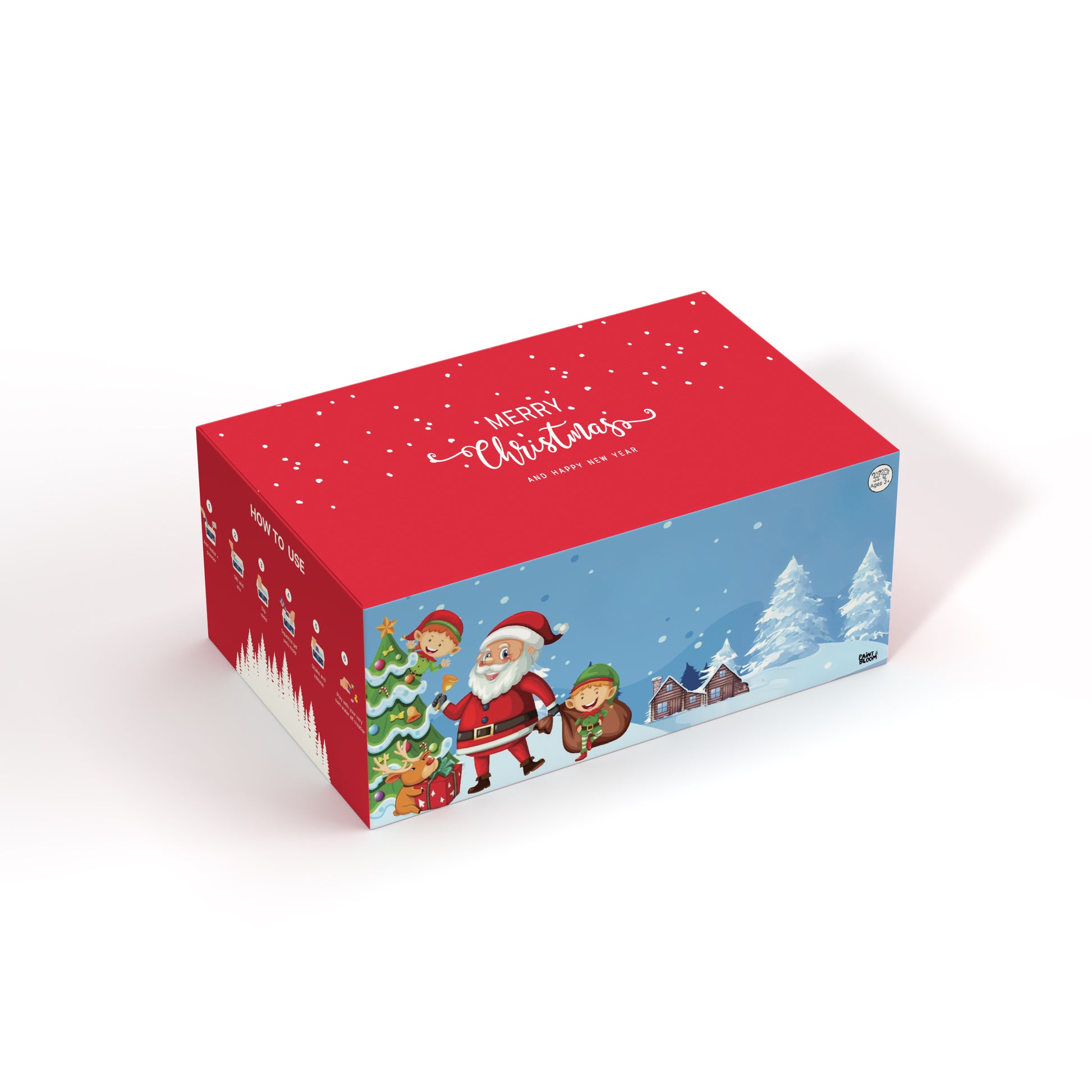 Red Christmas-themed gift box with Santa Claus and reindeer on a white background