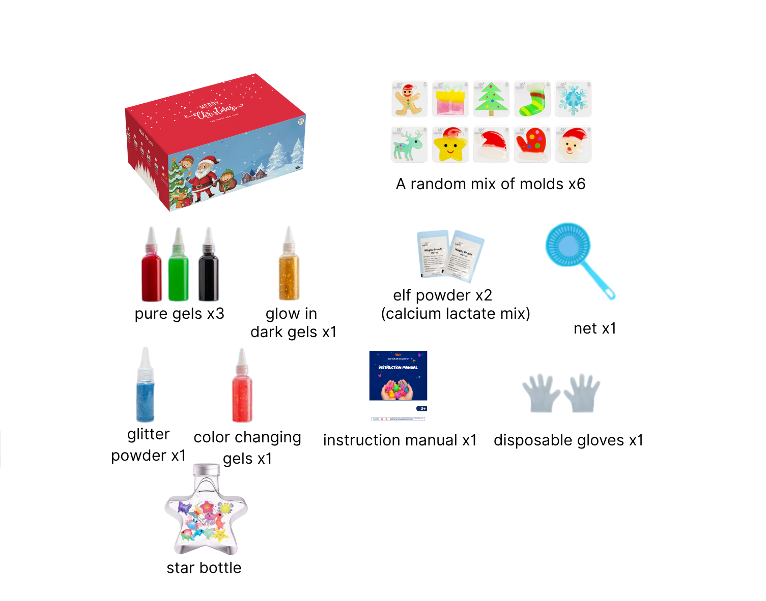 Collection of items including a box, bottles, and packets on a white background