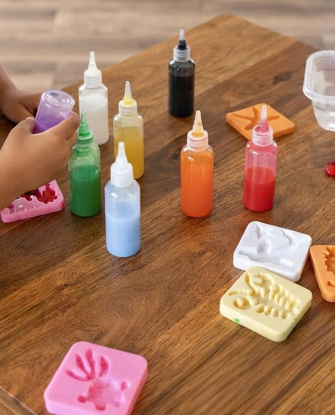 Close up of the powder and colored gels used in the kit