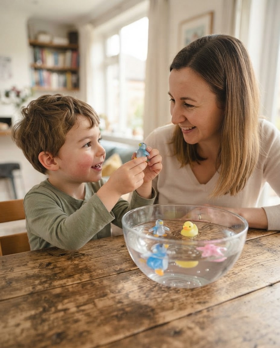 A child pulling a parent by the hand to show their finished creations